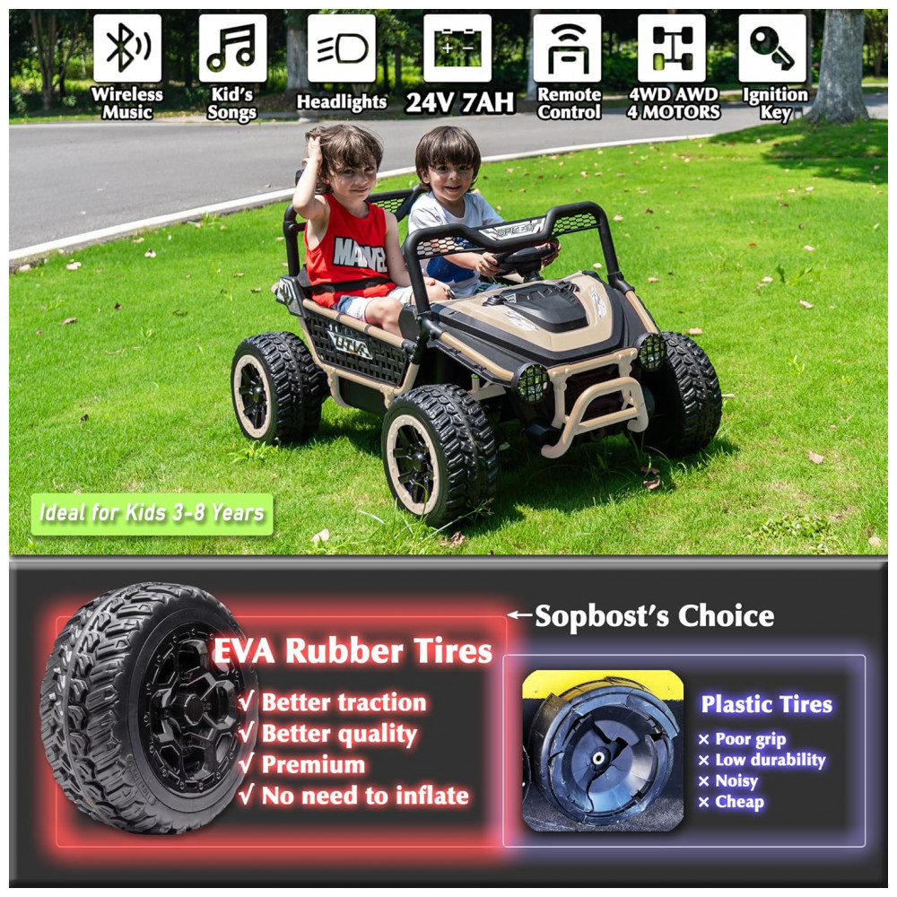 ECTQCWNT2FMF0B_1-1.jpg - UTV Infantil Elétrico Sopbost Bege 24V 2 Lugares XXL 4 Motores 75W 4WD Pneus EVA Controle Remoto Bluetooth Estrutura Metálica