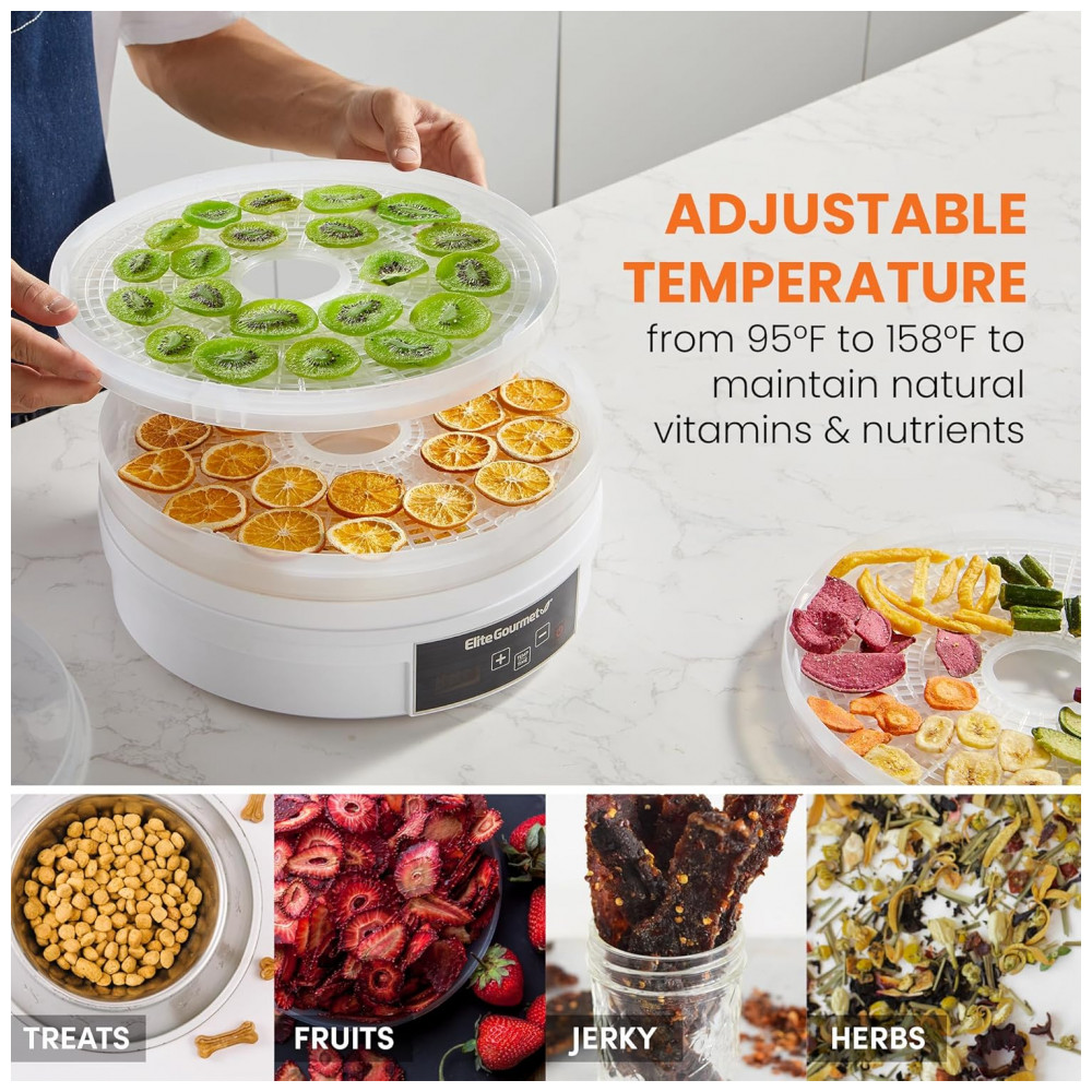 ECTQCXJSXVGC0B_1-1.jpg - Desidratador de Alimentos Digital Elite Gourmet EFD770WD com 5 Bandejas Livres de BPA de 32x64 cm, Temporizador Ajustável de 48 horas
