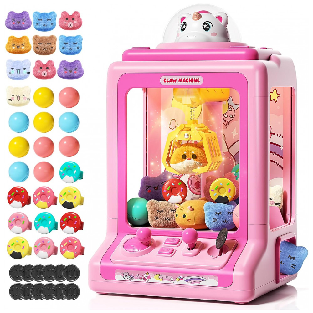 ECTQD2H8GH2F0B_0-1.jpg - Máquina de Garra Rosa Jovow – Mini Arcade Infantil com 30 Mini Brinquedos, Luzes LED, Som e Versão Personalizável