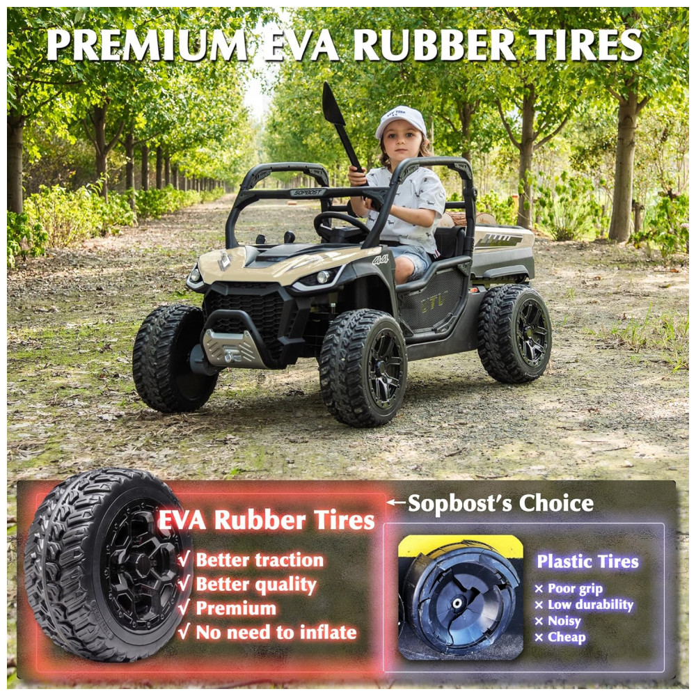 ECTQD4WHM7FD0B_1-1.jpg - UTV Infantil Elétrico Sopbost Bege 24V 2 Lugares 4 Motores 75W Caçamba Grande Automática 4WD Pneus EVA Controle Bluetooth 10Ah