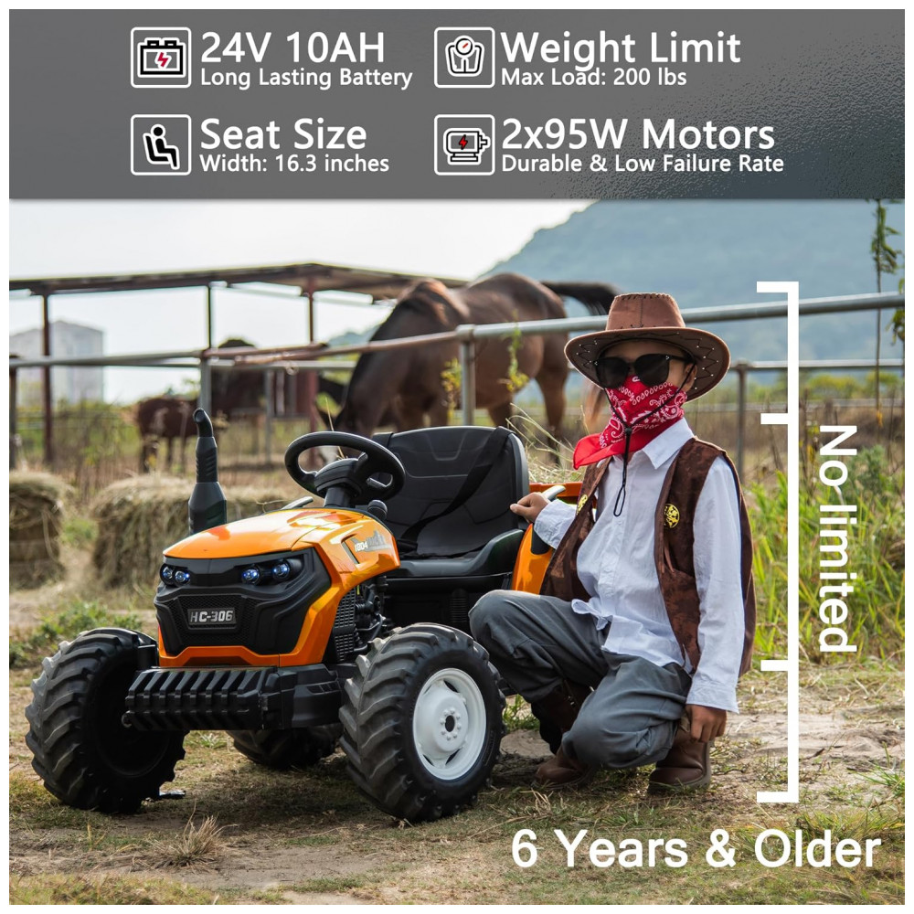 ECTQD696Y6JD0B_1-1.jpg - Trator Elétrico Infantil Sopbost 24V 10Ah, 2WD, Reboque Elétrico, Rodas EVA Grande, Suspensão Traseira, Controle Remoto, 90kg, Laranja