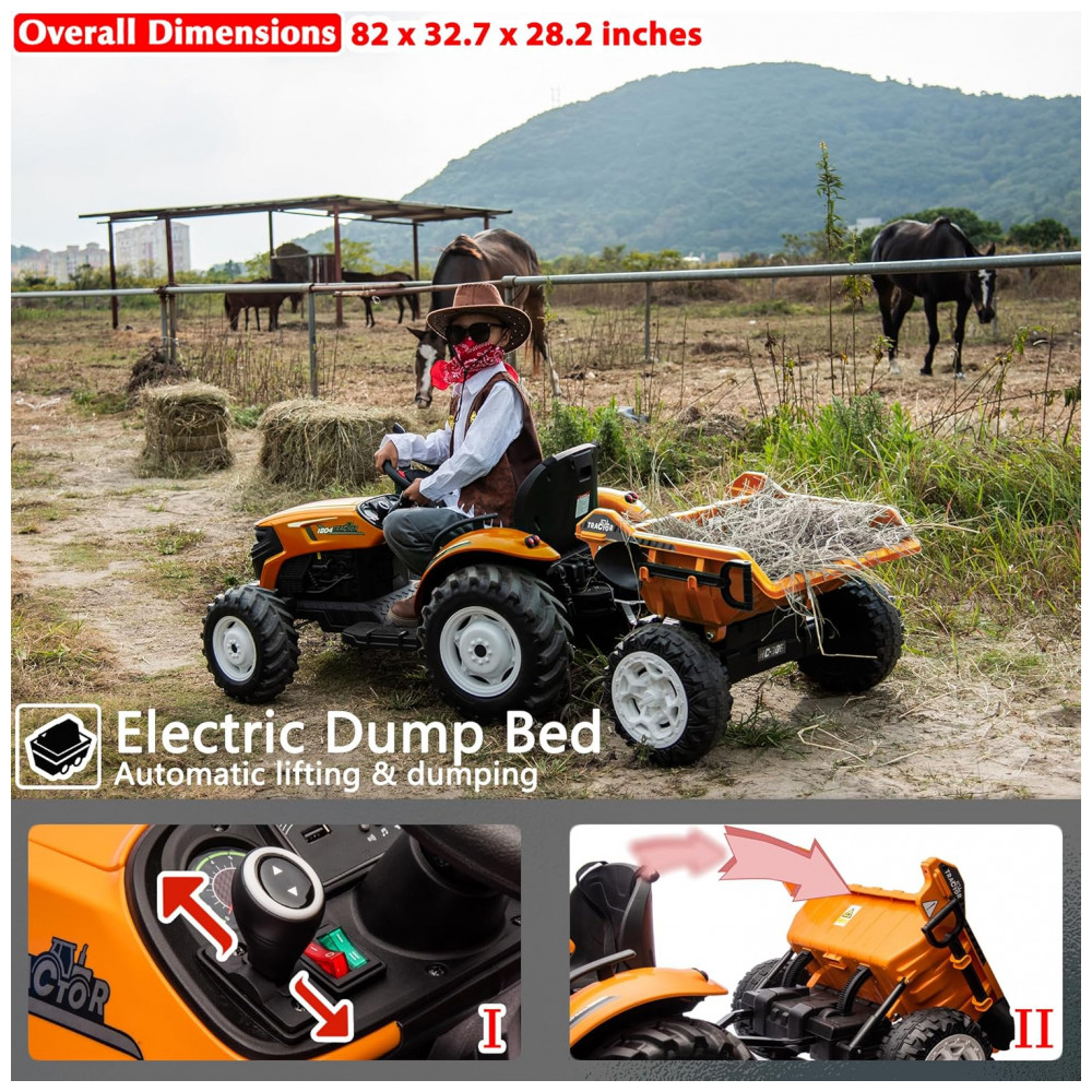 ECTQD696Y6JD0B_2-1.jpg - Trator Elétrico Infantil Sopbost 24V 10Ah, 2WD, Reboque Elétrico, Rodas EVA Grande, Suspensão Traseira, Controle Remoto, 90kg, Laranja