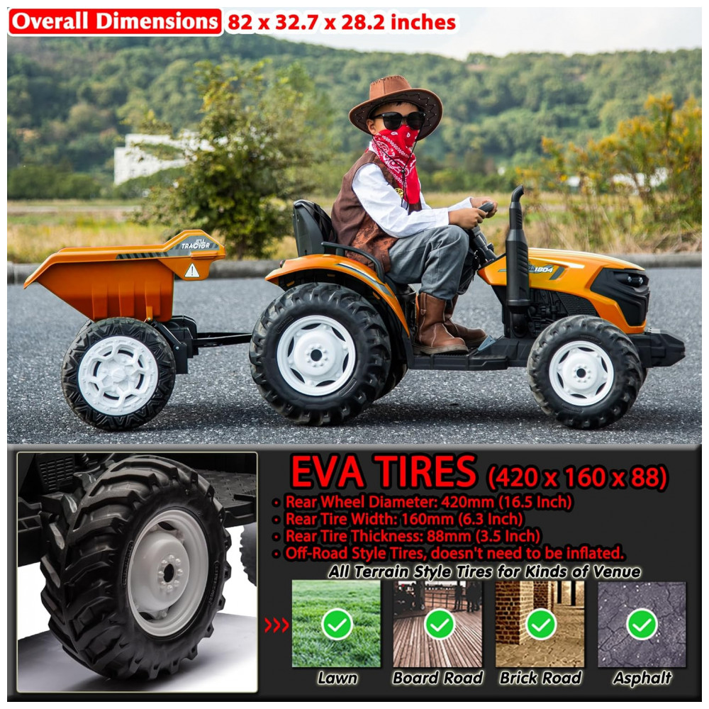 ECTQD696Y6JD0B_3-1.jpg - Trator Elétrico Infantil Sopbost 24V 10Ah, 2WD, Reboque Elétrico, Rodas EVA Grande, Suspensão Traseira, Controle Remoto, 90kg, Laranja