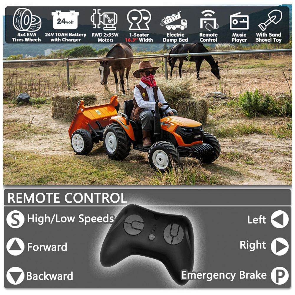 ECTQD696Y6JD0B_4-1.jpg - Trator Elétrico Infantil Sopbost 24V 10Ah, 2WD, Reboque Elétrico, Rodas EVA Grande, Suspensão Traseira, Controle Remoto, 90kg, Laranja