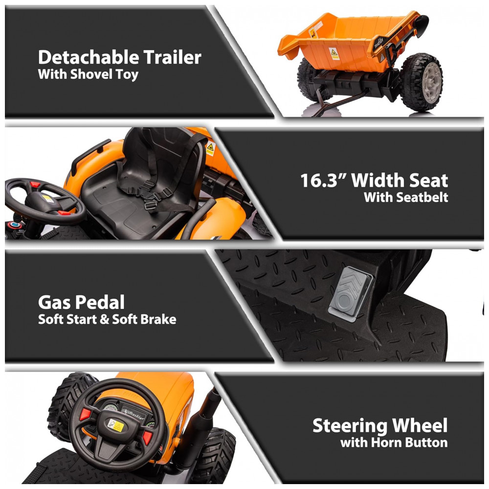 ECTQD696Y6JD0B_5-1.jpg - Trator Elétrico Infantil Sopbost 24V 10Ah, 2WD, Reboque Elétrico, Rodas EVA Grande, Suspensão Traseira, Controle Remoto, 90kg, Laranja