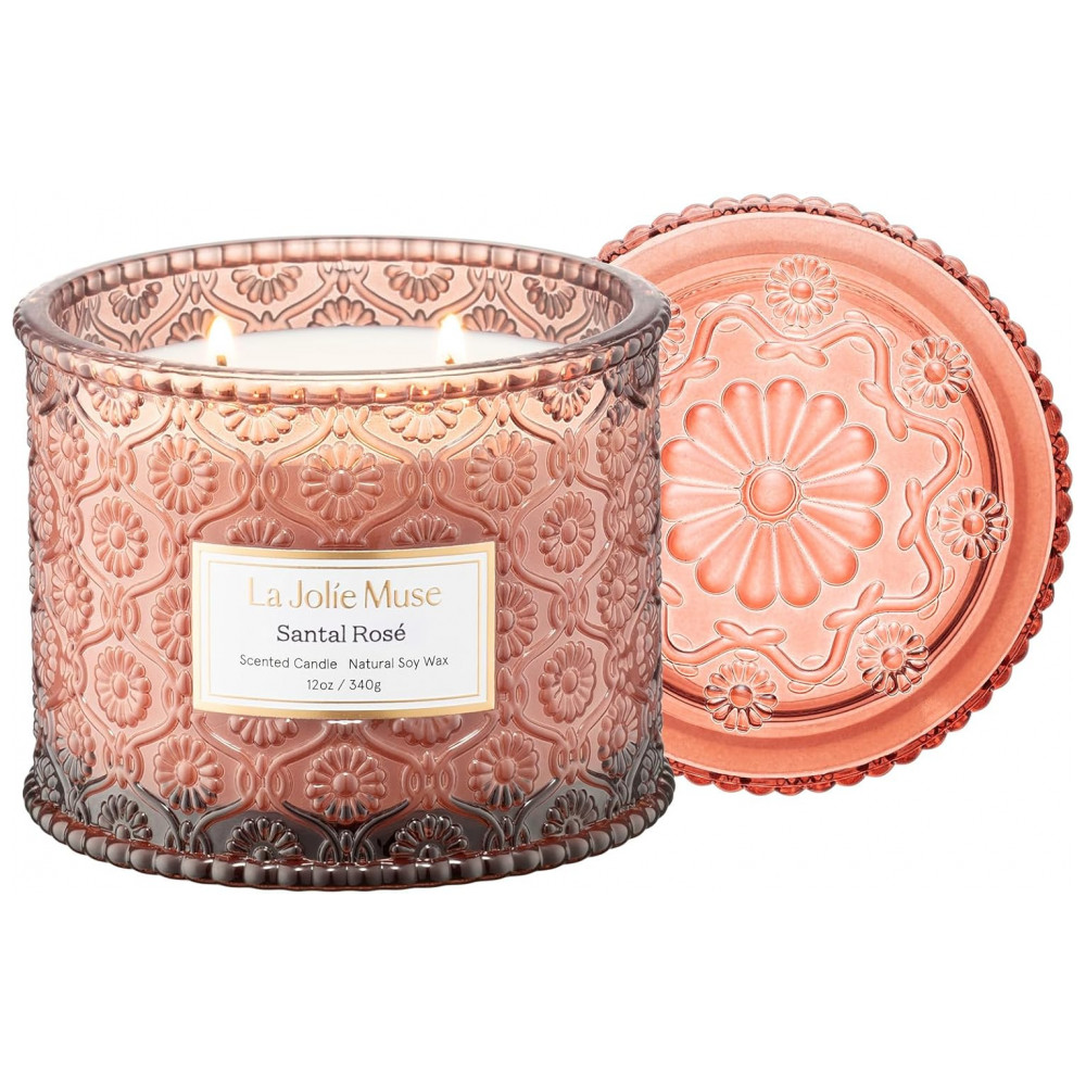 Vela LA JOLIE MUSE Santal Ros Saffron, Rose, Patchouli 340g - Grande, de Cera de Soja, 2 Pavios, 60 Horas de Queima Limpa - Presente Decorado para Anf