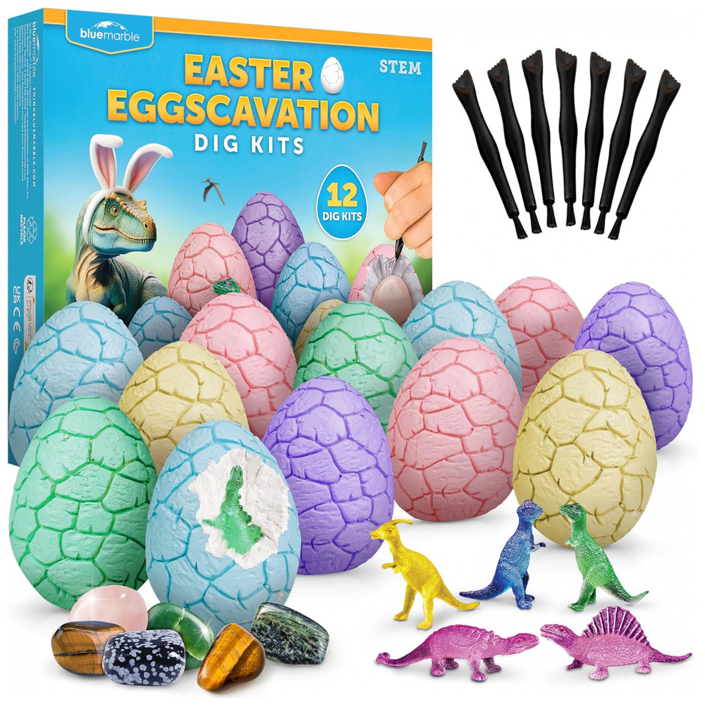 ECTQDJ3JGJLD0B_0-1.jpg - Kit de Escavação Ovo de Páscoa – 12 Blocos com Gemas Reais e Dinossauros que Brilham no Escuro, Brinquedo Educativo STEM, Presentes Criativos, Blue Marble