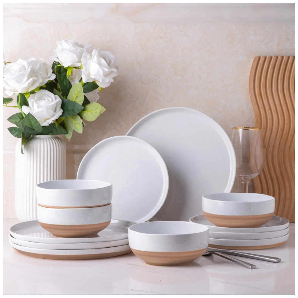 Conjunto de Jantar de Cerâmica AmorArc para 4 Pessoas, 12 Peças de Pratos e Tigelas Pintadas à Mão com Base de Terracota Rústica, Resistente a Arranhõ