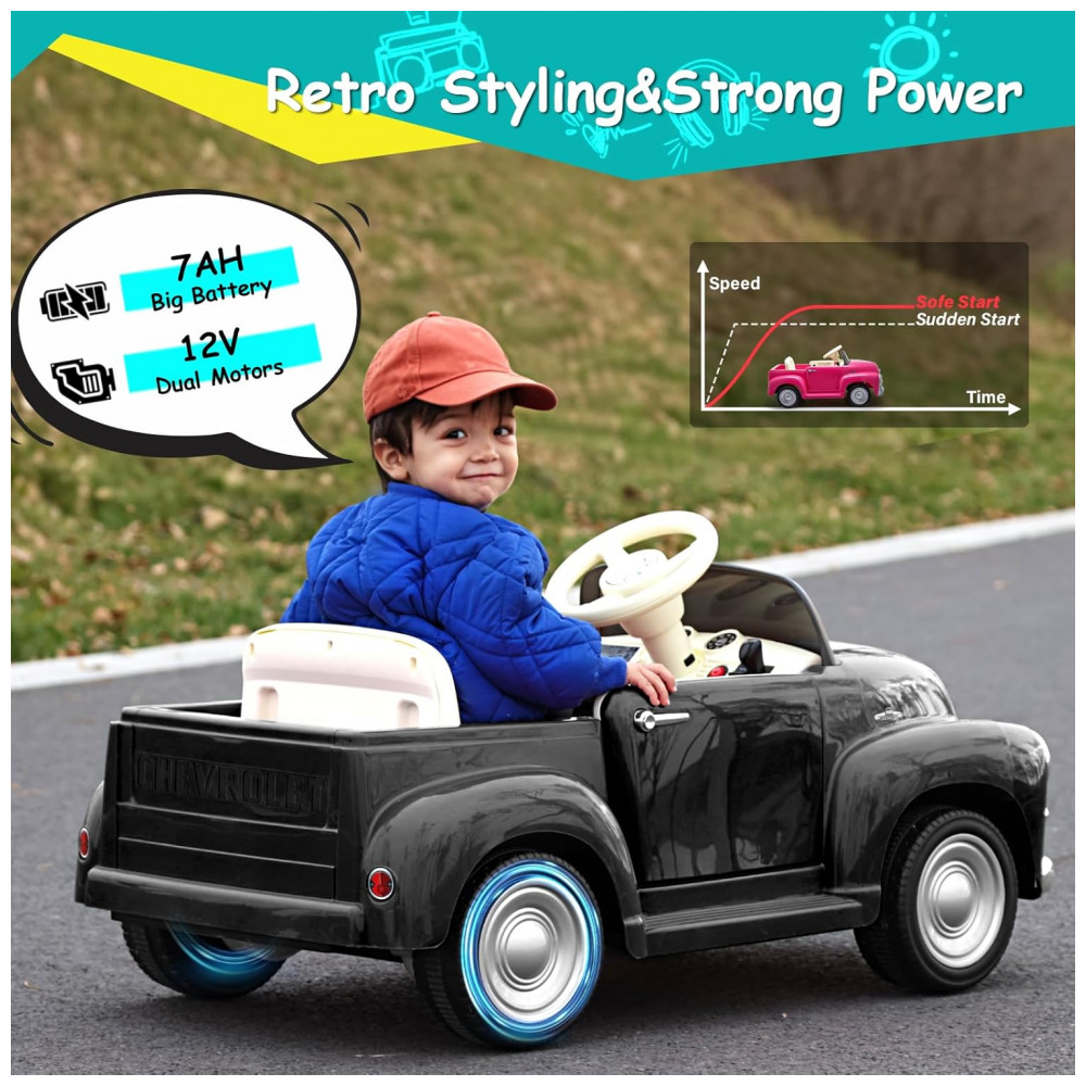 ECTQDT7FGH2C0B_1-1.jpg - Carro Elétrico Infantil Chevrolet 3100 Pickup Licenciado Joywhale 12V, 1 Lugar, 2 Motores, Controle Remoto, 3 Velocidades, Retrô, Preto