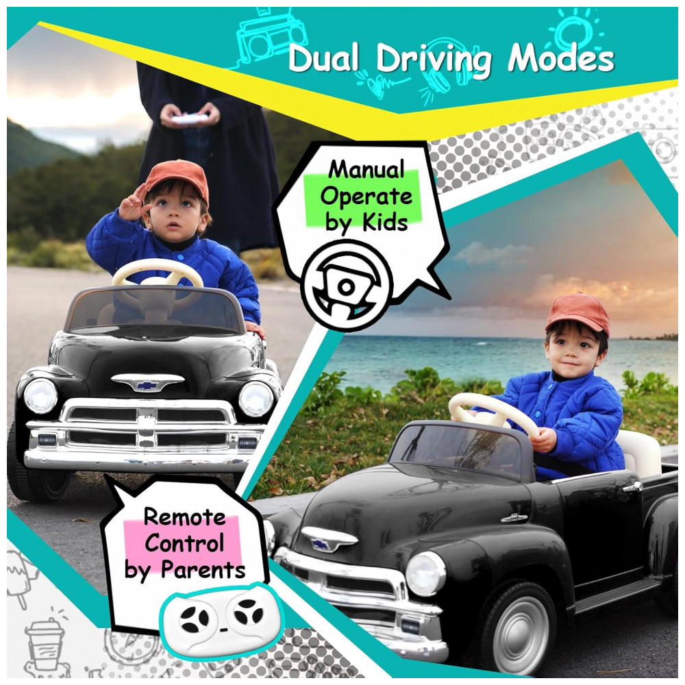 ECTQDT7FGH2C0B_2-1.jpg - Carro Elétrico Infantil Chevrolet 3100 Pickup Licenciado Joywhale 12V, 1 Lugar, 2 Motores, Controle Remoto, 3 Velocidades, Retrô, Preto