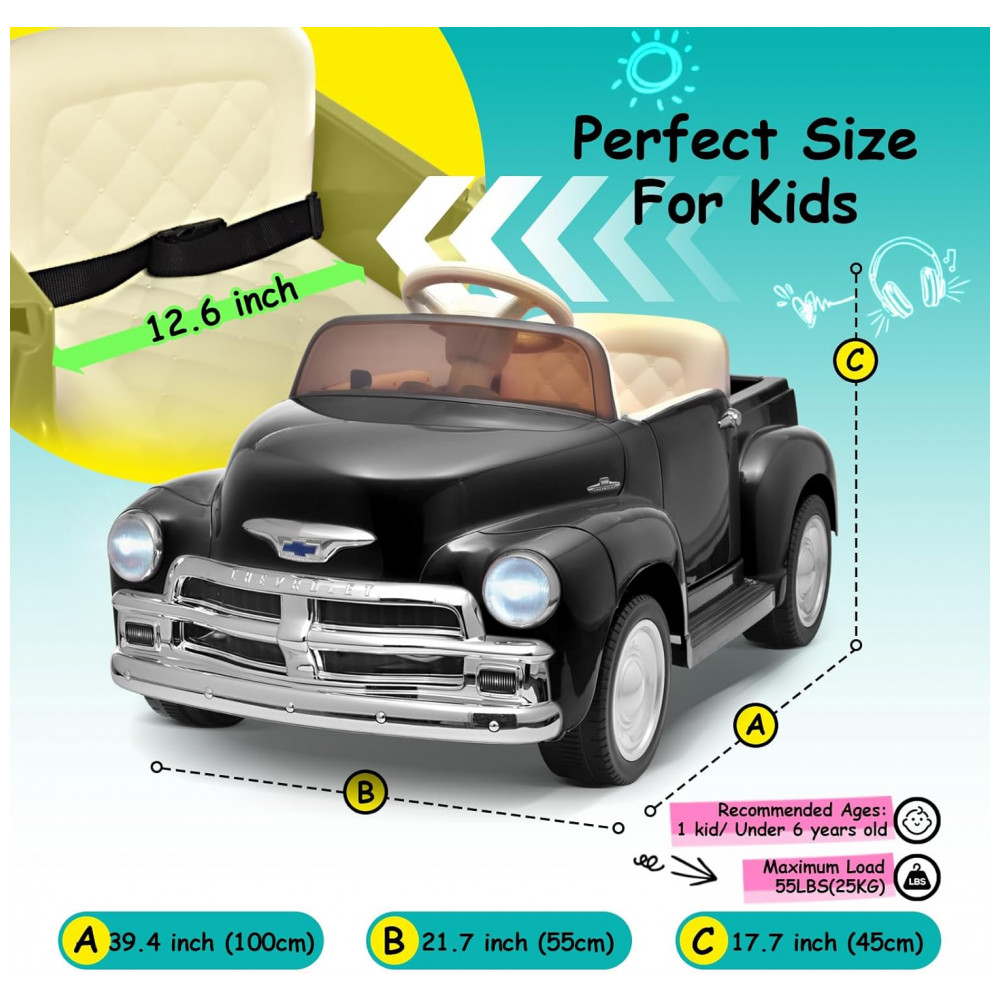 ECTQDT7FGH2C0B_5-1.jpg - Carro Elétrico Infantil Chevrolet 3100 Pickup Licenciado Joywhale 12V, 1 Lugar, 2 Motores, Controle Remoto, 3 Velocidades, Retrô, Preto