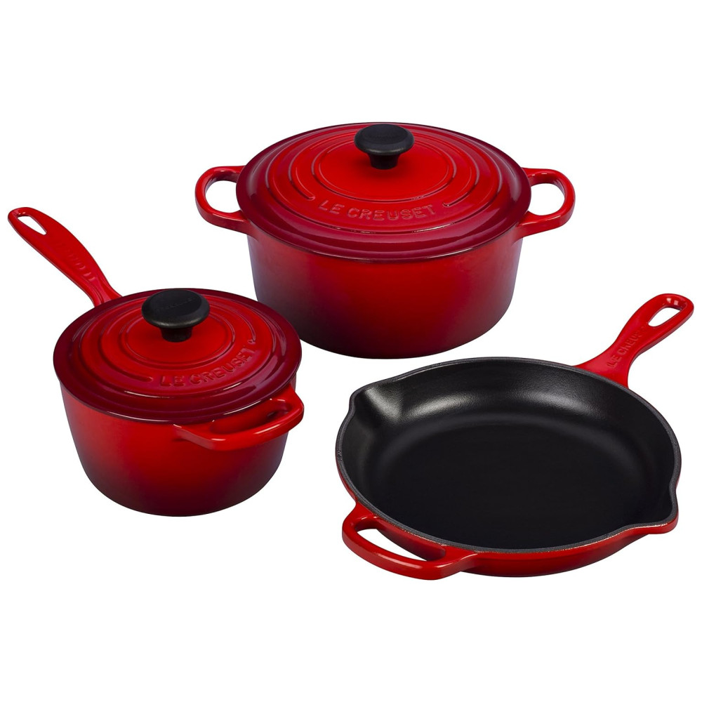 ECTQEHY02HA10B_0-1.jpg - Conjunto de Panelas e Frigideiras Antiaderentes de Ferro Fundido Esmaltado 5 Peças LE CREUSET MS1605 67SS Vermelho