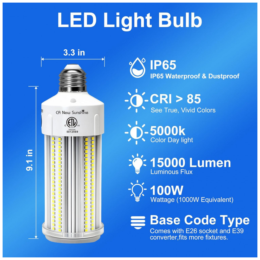 ECTQF4LZQ3MF0B_1-1.jpg - Lâmpada de Milho LED Equivalente a 1000W, Kit com 2 Unidades 100W 15000LM 5000K Branco Luz do Dia, Base E26E39, CA New Sunshine