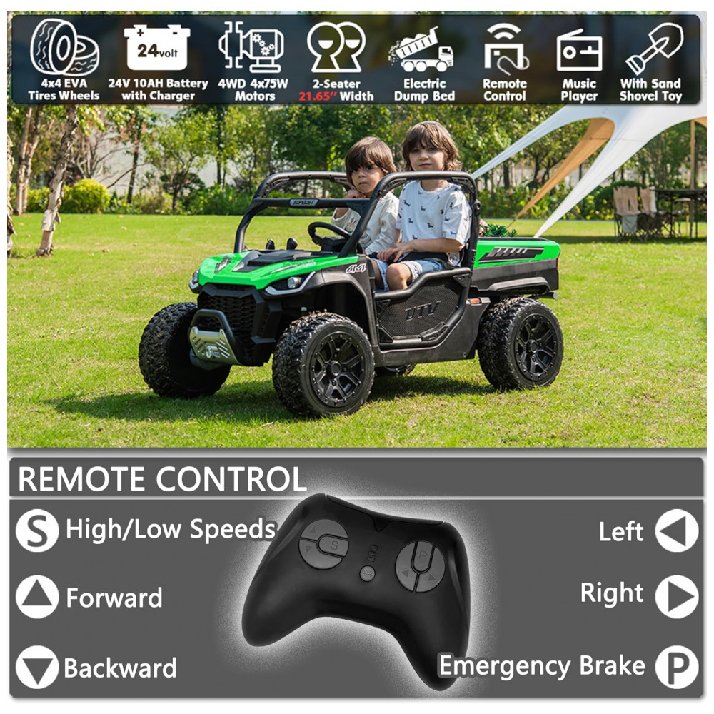 ECTQF59B9R6D0B_1-1.jpg - UTV Infantil Elétrico Sopbost Verde 24V 2 Lugares 4 Motores 75W Caçamba Grande Automática 4WD Pneus EVA Controle Bluetooth 10Ah
