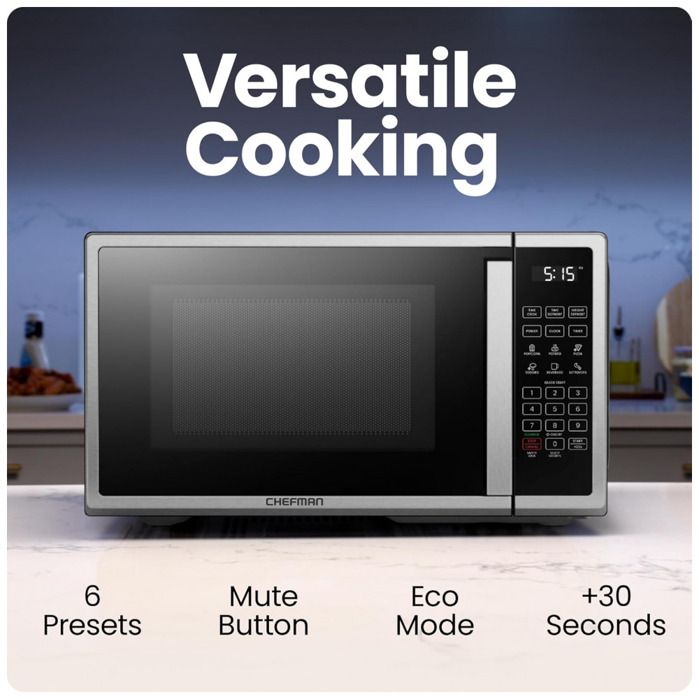 ECTQF5TVHN6C0B_1-1.jpg - Forno de Micro-ondas Chefman de Bancada 31 litros em Aço Inoxidável Digital de 1000 Watts com 6 Programas Automáticos, 10 Níveis de Potência, Mo