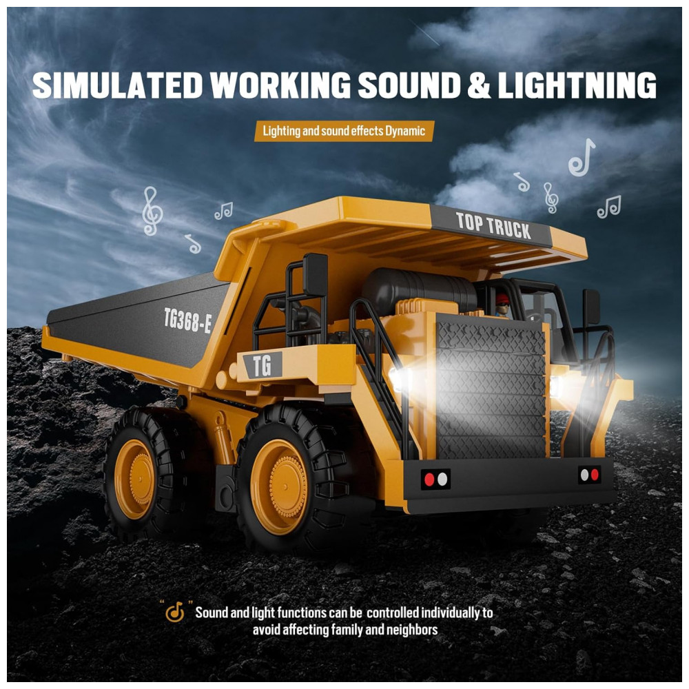 ECTQF851DJCC0B_2-1.jpg - Caminhão de Brinquedo basculante RC, Controle Remoto de 9 Canais com Cama de Metal Iluminada, Bateria Recarregável, KIDMARKT