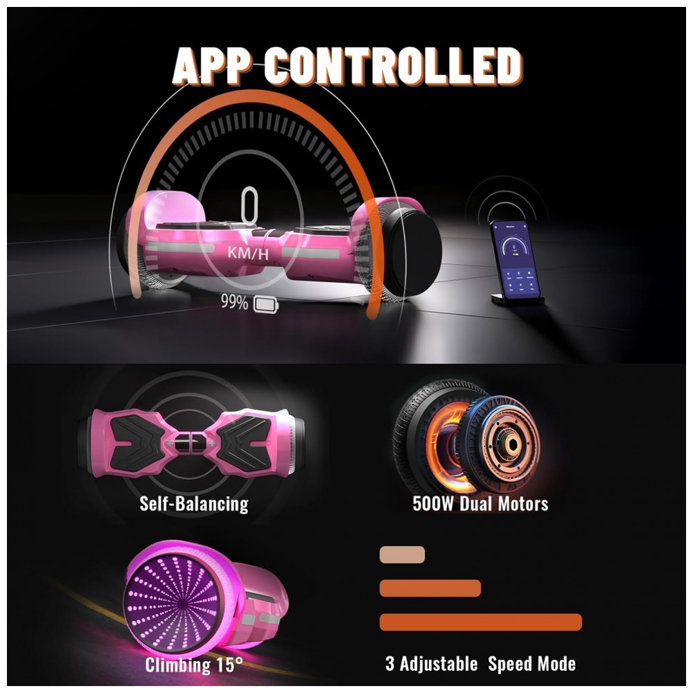 ECTQF89V856C0B_4-1.jpg - Hoverboard SIMATE com Luzes de LED Coloridas, Alto-falantes Bluetooth e Aplicativo, Motores Duplos de 250W, Velocidade Máxima de 13,7 km/h, Alcance Máxim