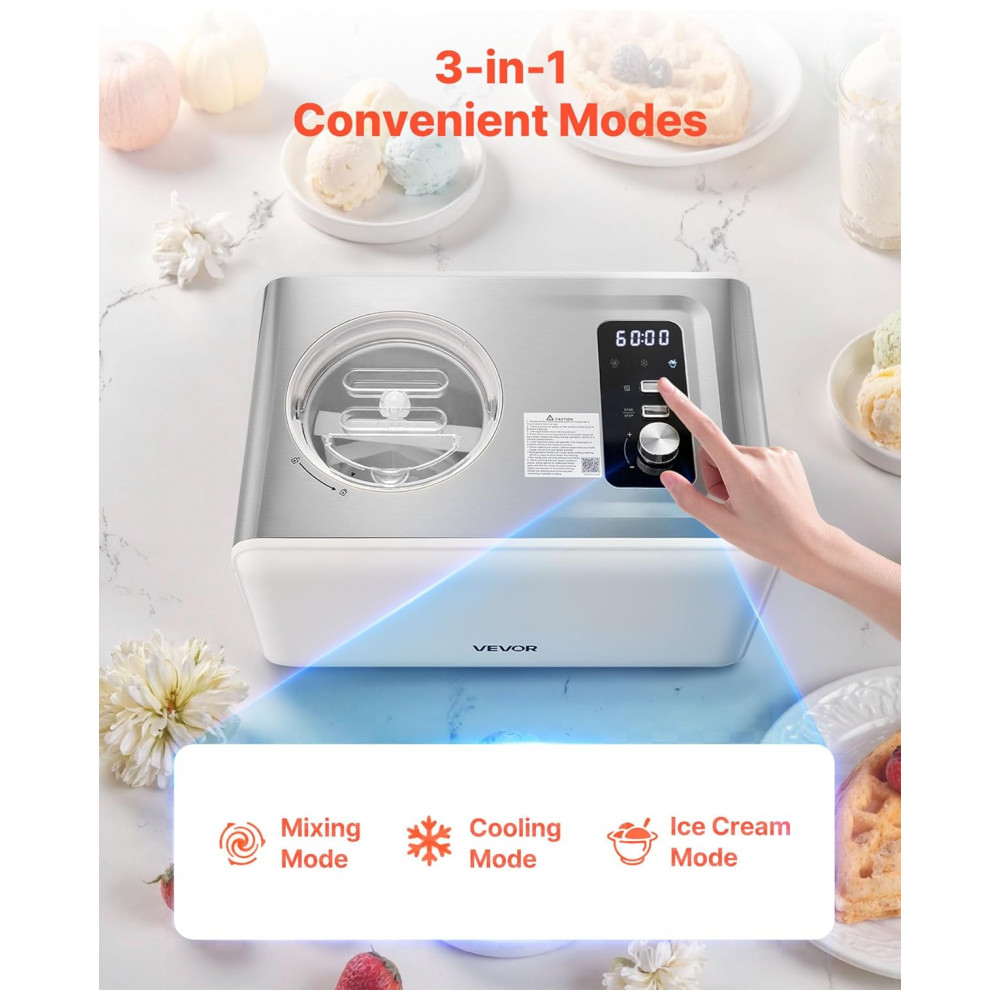 Máquina de Sorvete Automática VEVOR com Compressor Integrado, 1,89 Litros Sem Precisar Congelar, Máquina de Sorvete de Gelato Elétrica, - Imagem 2