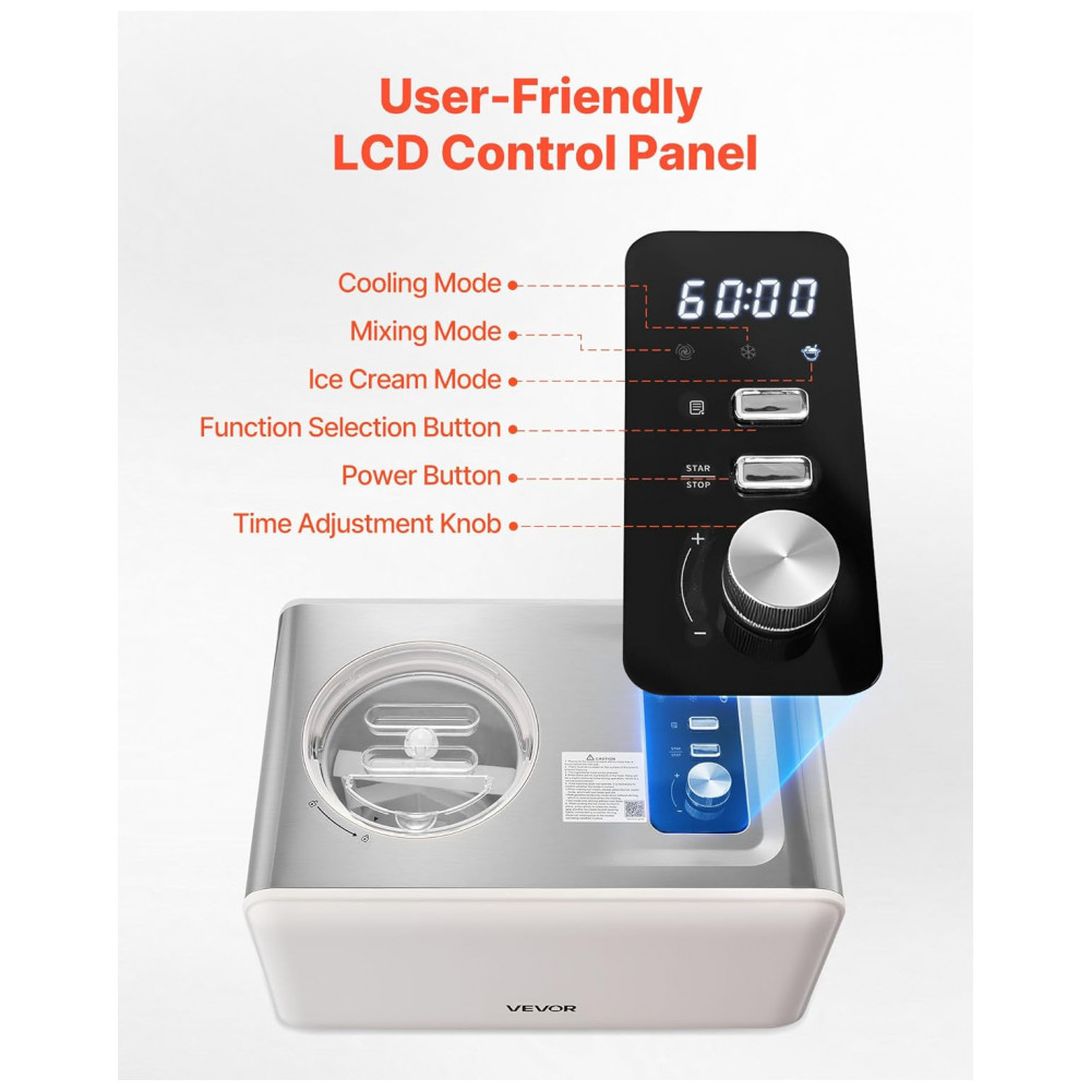 Máquina de Sorvete Automática VEVOR com Compressor Integrado, 1,89 Litros Sem Precisar Congelar, Máquina de Sorvete de Gelato Elétrica, - Imagem 4