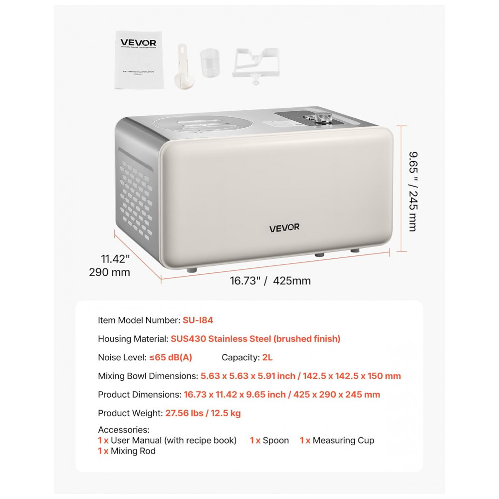 Máquina de Sorvete Automática VEVOR com Compressor Integrado, 1,89 Litros Sem Precisar Congelar, Máquina de Sorvete de Gelato Elétrica, - Imagem 7