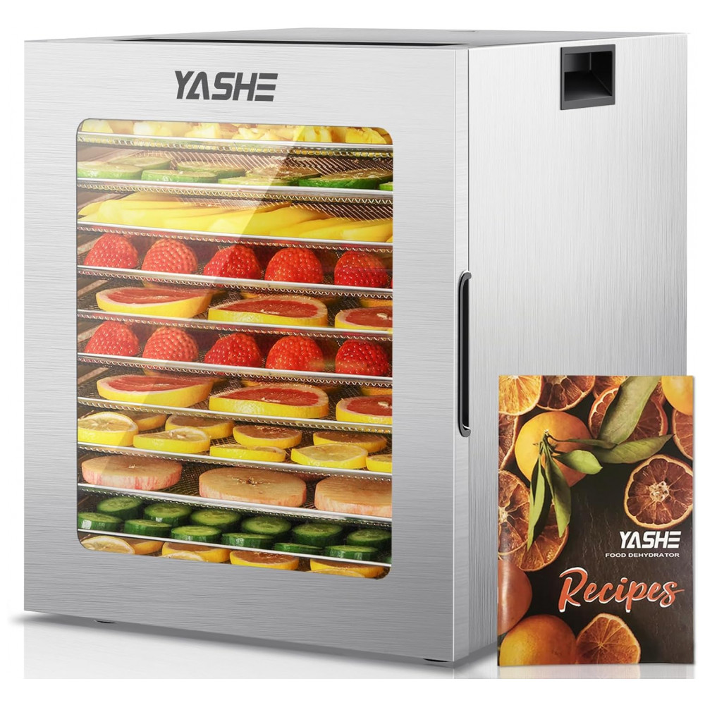 ECTQFGLTMBCD0B_0-1.jpg - Desidratador de Alimentos YASHE, 12 Bandejas de Aço Inoxidável, 10 Programas, Temporizador de 48H e Controle de Temperatura, 850W