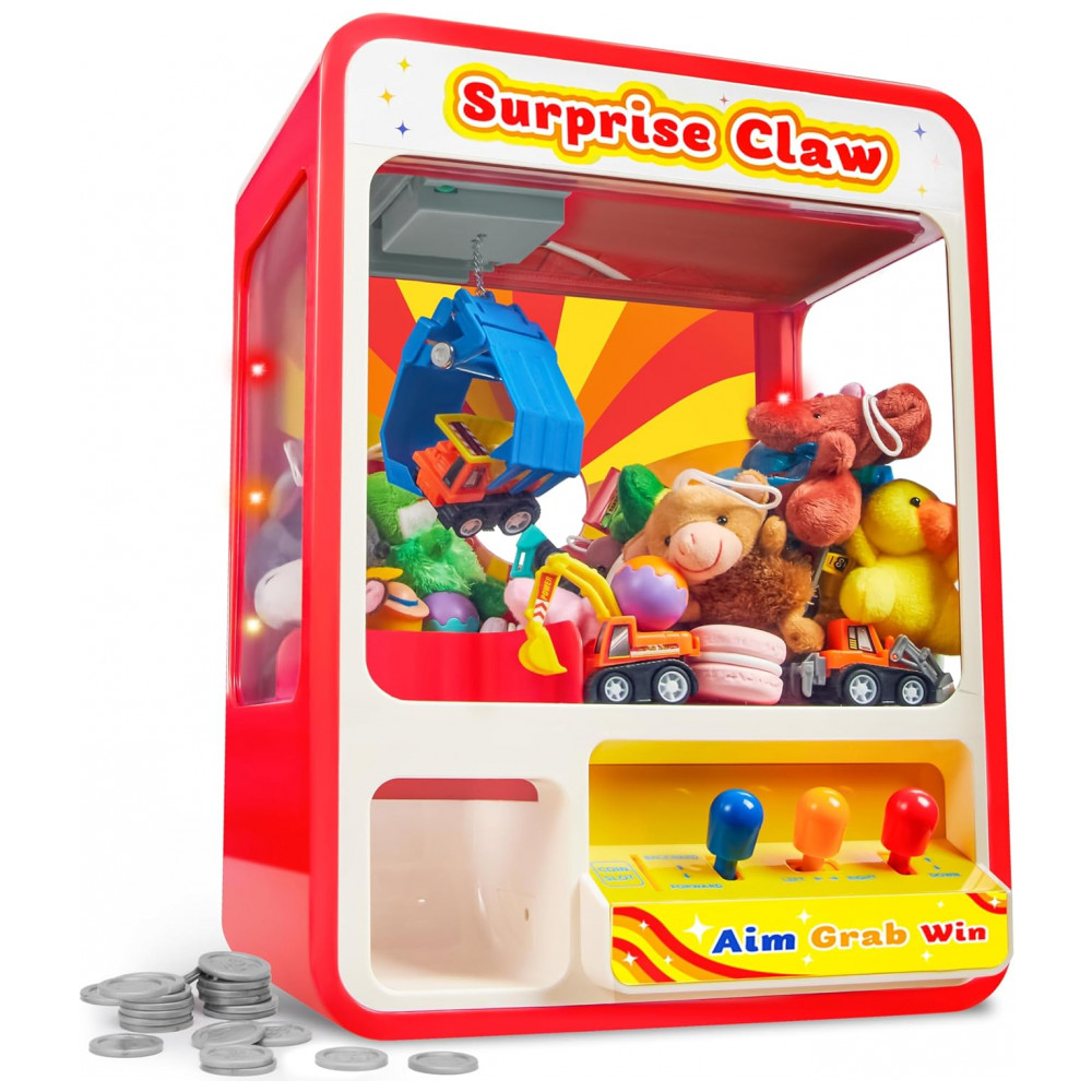 ECTQFHYFDL5C0B_0-1.jpg - JOYIN Claw Machine Arcade Toy Vermelha com Luz LED e Som Ajustável, Mini Máquina de Garra Recarregável para Crianças