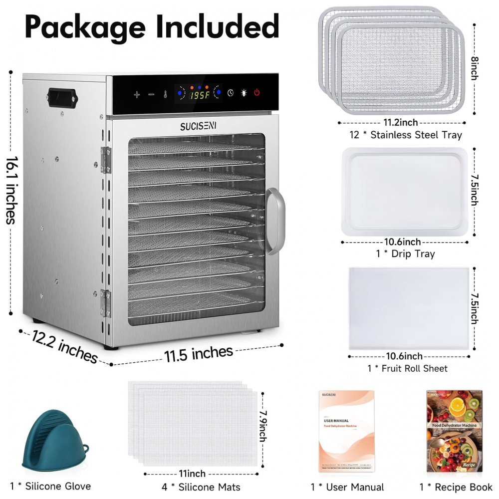 ECTQFM978MKF0B_1-1.jpg - Desidratador de Alimentos SUCISENI com 12 Bandejas de Aço Inoxidável, 1000W, Timer de 24 Horas e Controle de Temperatura 195°C, Ideal para Jerky,