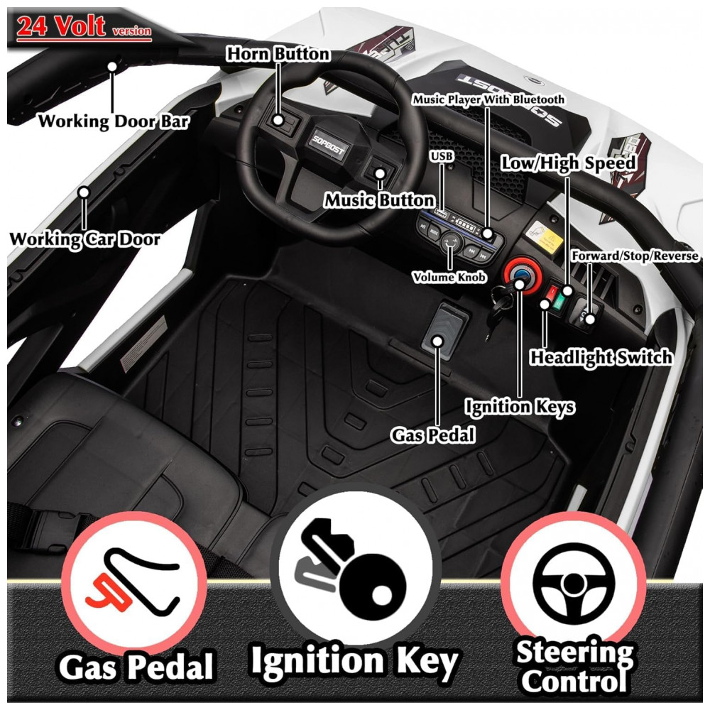 ECTQFRKBWG9D0B_3-1.jpg - Carrinho Elétrico Infantil 4x4 Sopbost XL 24V 10Ah 2 Lugares 4 Motores 75W Controle Remoto Suspensão Molas Bluetooth Branco