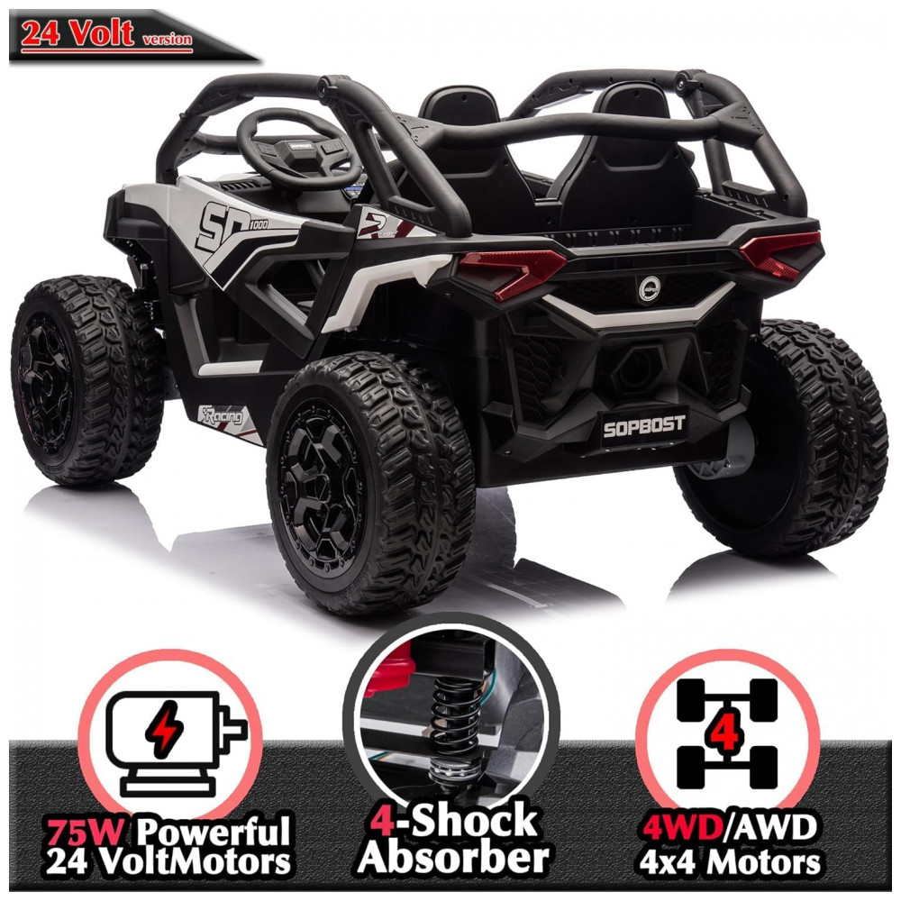 ECTQFRKBWG9D0B_6-1.jpg - Carrinho Elétrico Infantil 4x4 Sopbost XL 24V 10Ah 2 Lugares 4 Motores 75W Controle Remoto Suspensão Molas Bluetooth Branco