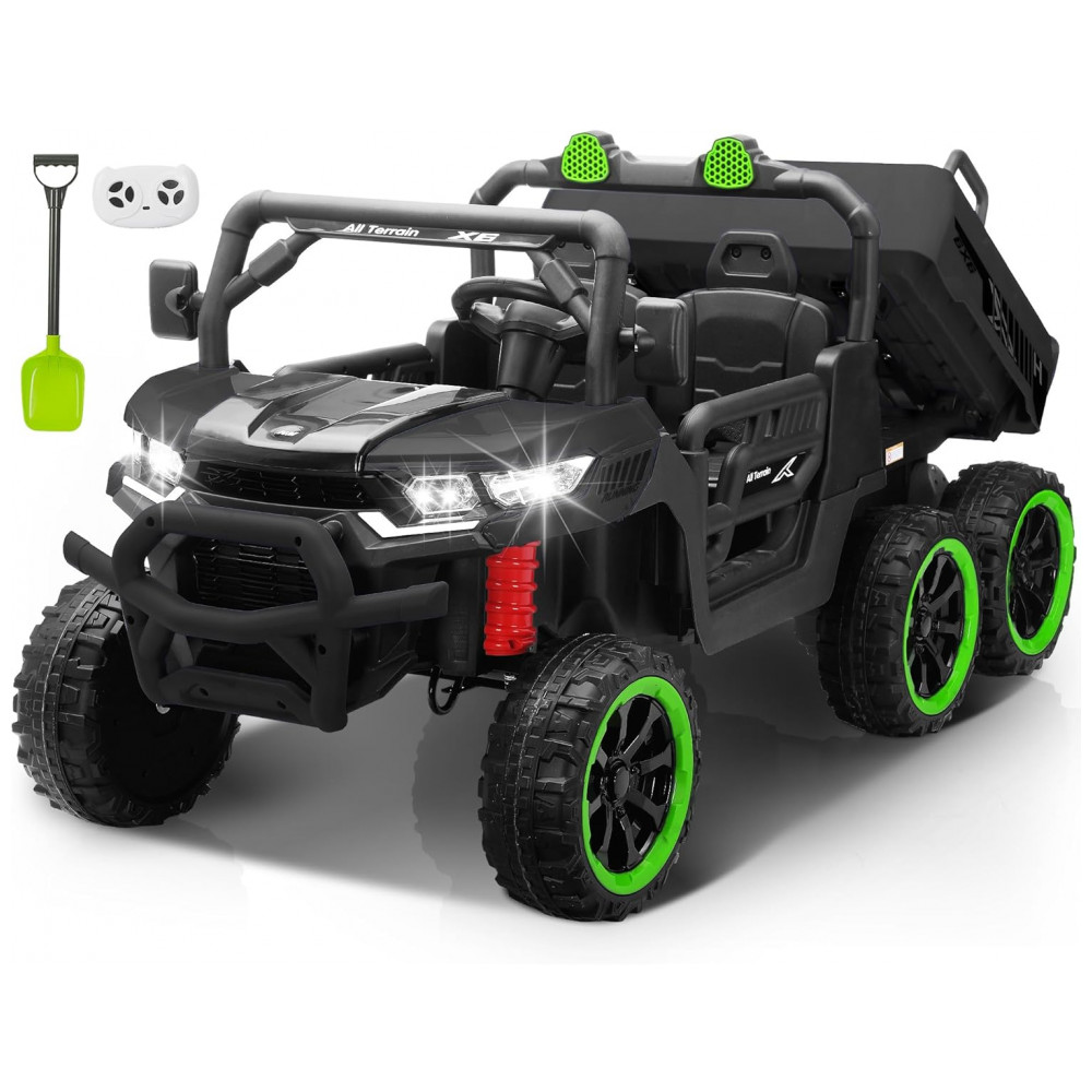 ECTQFYC4GNZD0B_0-1.jpg - Caminhão Basculante Infantil Elétrico Letsgoride Preto e Verde 24V 2 Lugares 4 Motores 100W Caçamba Automática 4WD Bluetooth Música LED 6 Rodas