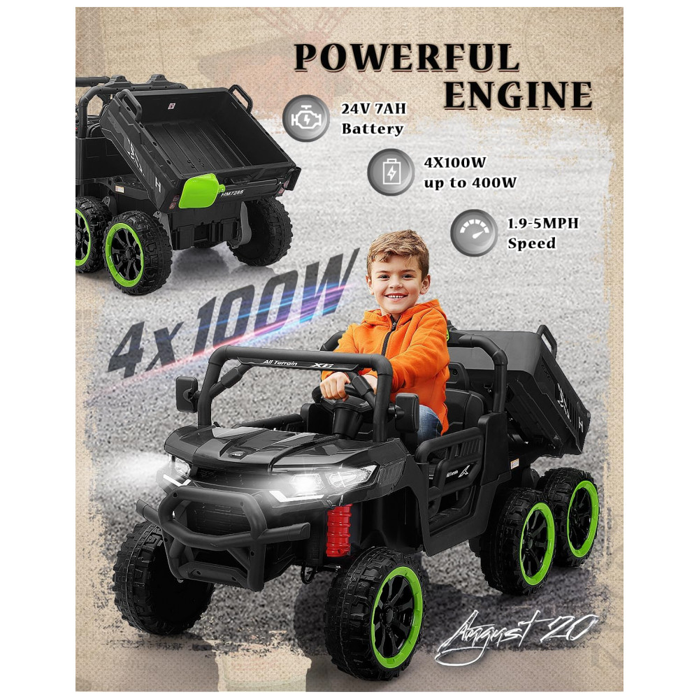 ECTQFYC4GNZD0B_1-1.jpg - Caminhão Basculante Infantil Elétrico Letsgoride Preto e Verde 24V 2 Lugares 4 Motores 100W Caçamba Automática 4WD Bluetooth Música LED 6 Rodas