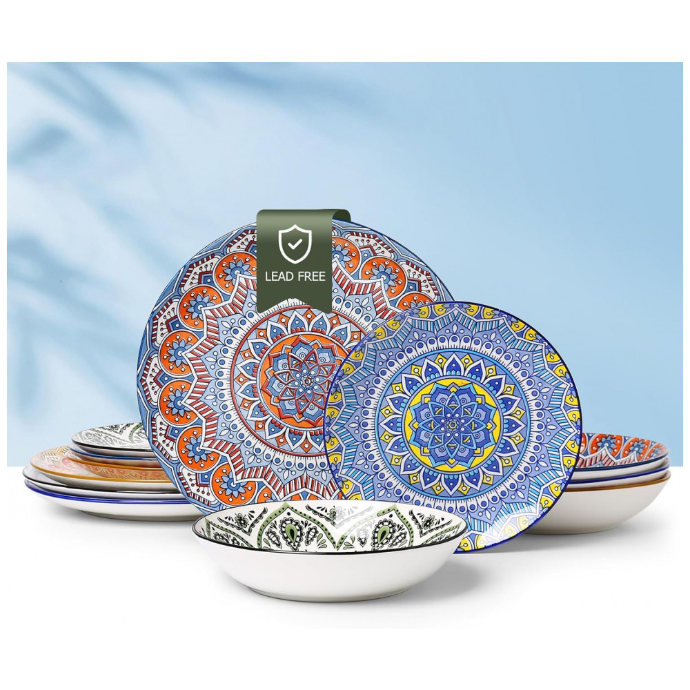 ECTQG28K4KRD0B_0-1.jpg - Conjunto de Jantar de Cerâmica 12 Peças, Pratos Tigelas de Massa Tigelas de Cereal, Design Único de Reação à Glaze, Seguro para Freezer e Micro-ondas,