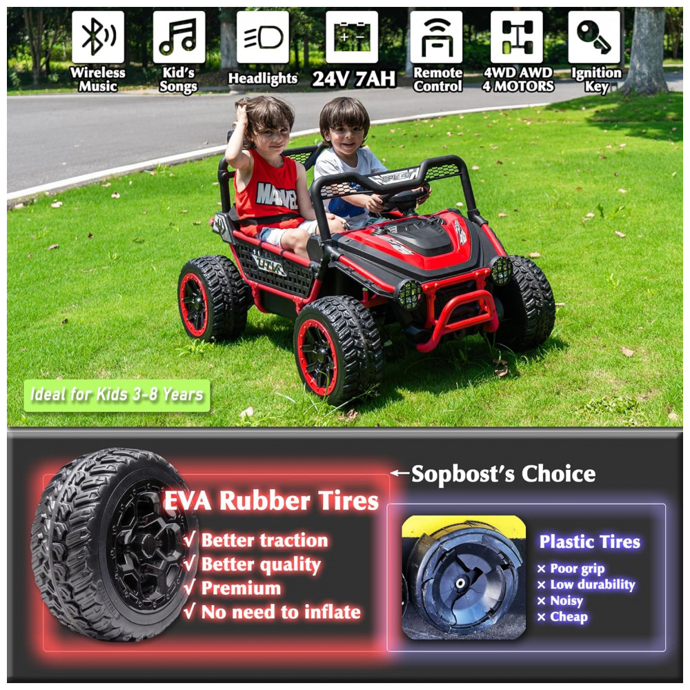 ECTQG2XW5Q5F0B_1-1.jpg - UTV Infantil Elétrico Sopbost Vermelho 24V 2 Lugares XXL 4 Motores 75W 4WD Pneus EVA Controle Remoto Bluetooth Estrutura Metálica