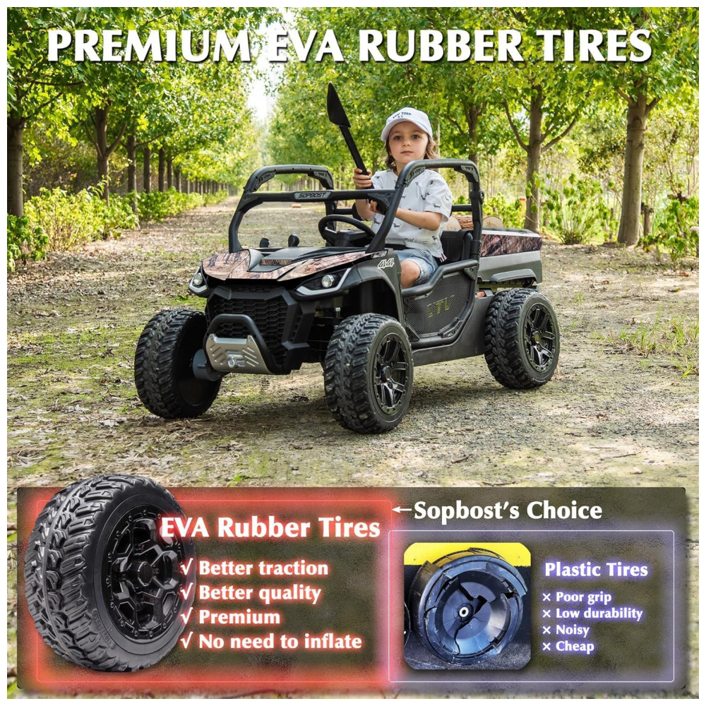 ECTQG34V8R6D0B_1-1.jpg - UTV Infantil Elétrico Sopbost Camuflado 24V 2 Lugares 4 Motores 75W Caçamba Grande Automática 4WD Pneus EVA Controle Bluetooth 10Ah