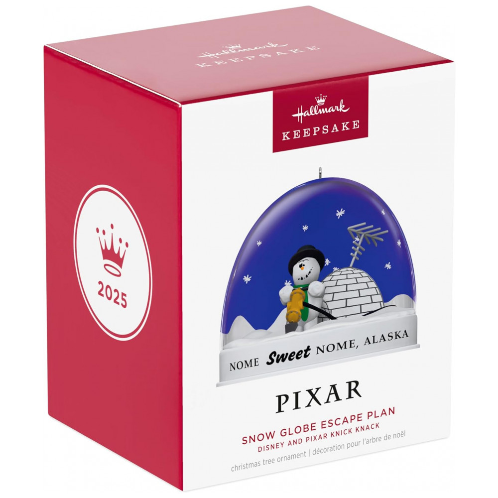 ECTQG9D9B3RD0B_6-1.jpg - Ornamento Hallmark Keepsake Natal 2025 Disney/Pixar Knick Knack Snow Globe Escape Plan, Decoração Divertida para Fãs