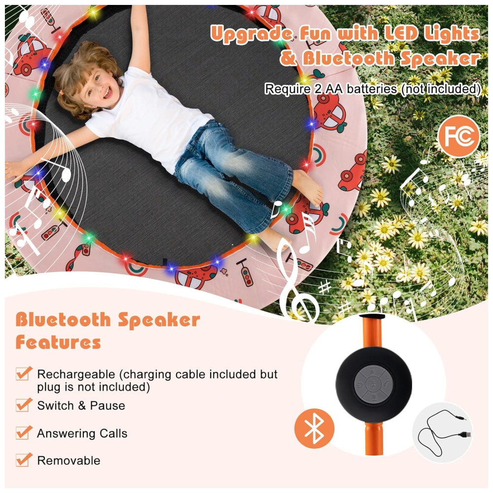 ECTQGN38PQTC0B_1-1.jpg - Trampolim infantil Goplus 36 com luzes LED Bluetooth e alça removível Capa inclusa.