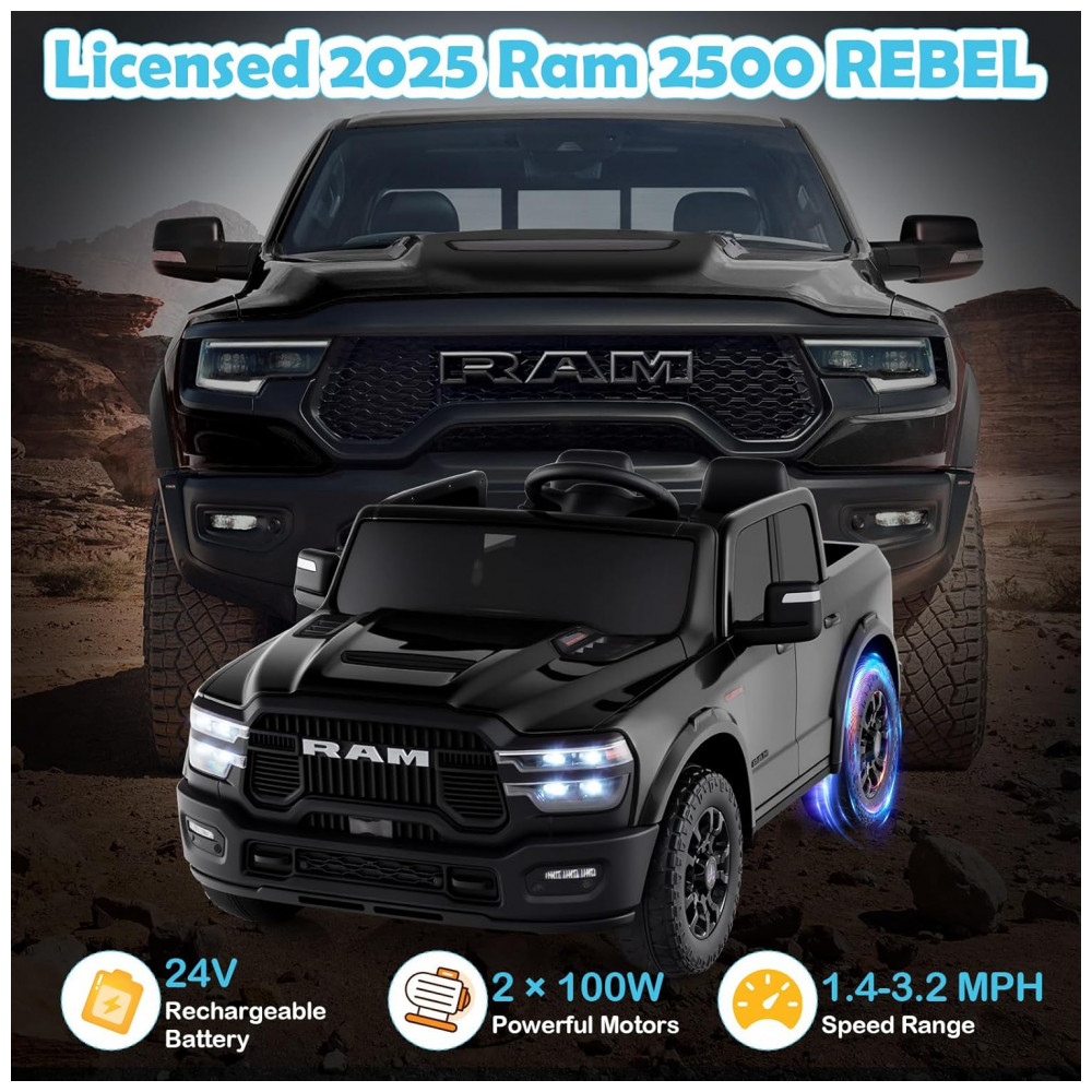 ECTQGQB8NSRF0B_1-1.jpg - Carro Elétrico Infantil 2 Lugares 24V, 2x100W, Controle Remoto, Suspensão 4 Rodas, Costzon Ram 2500 Rebel, Preto