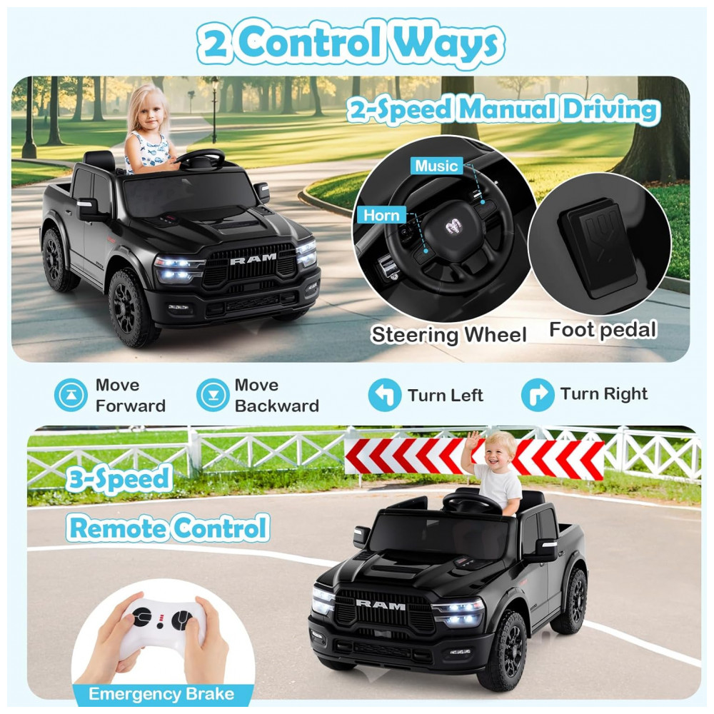 ECTQGQB8NSRF0B_2-1.jpg - Carro Elétrico Infantil 2 Lugares 24V, 2x100W, Controle Remoto, Suspensão 4 Rodas, Costzon Ram 2500 Rebel, Preto