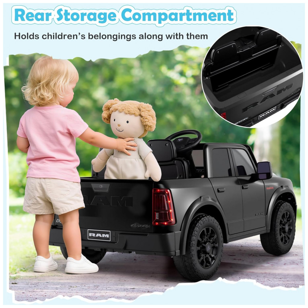 ECTQGQB8NSRF0B_3-1.jpg - Carro Elétrico Infantil 2 Lugares 24V, 2x100W, Controle Remoto, Suspensão 4 Rodas, Costzon Ram 2500 Rebel, Preto