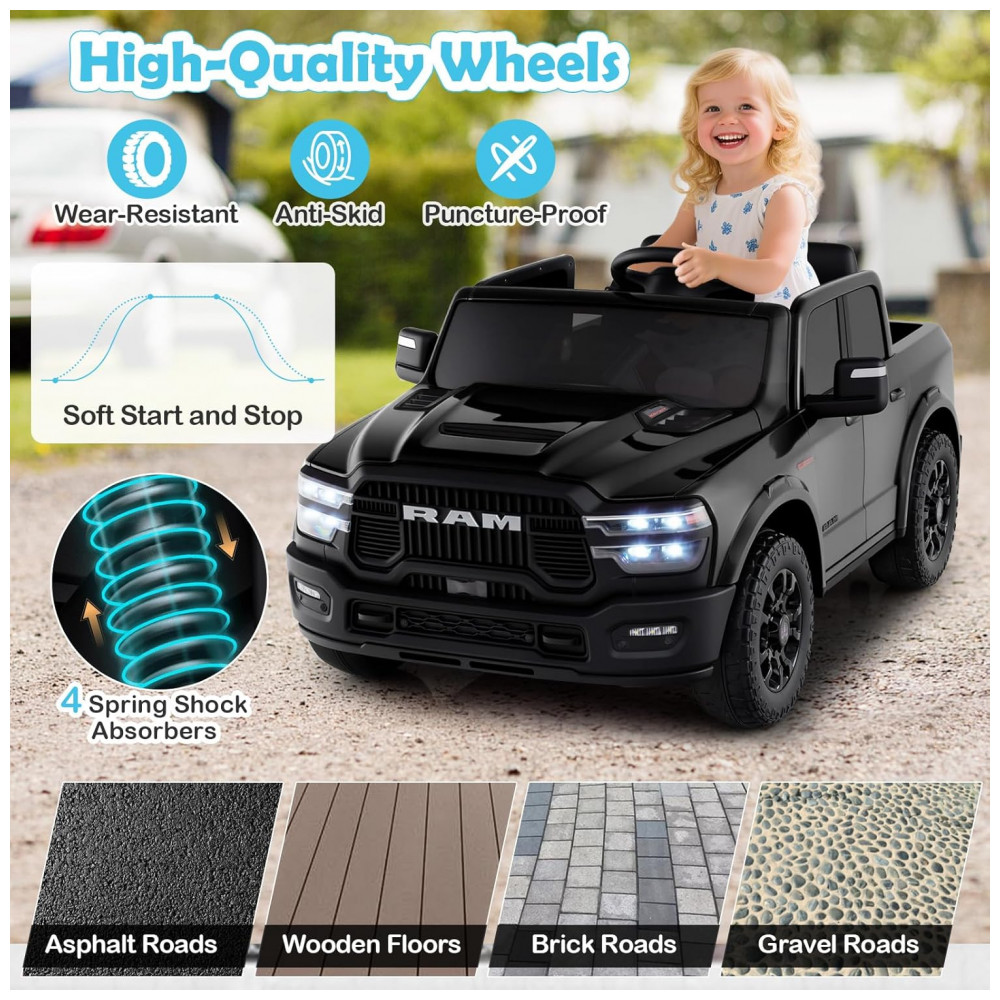 ECTQGQB8NSRF0B_4-1.jpg - Carro Elétrico Infantil 2 Lugares 24V, 2x100W, Controle Remoto, Suspensão 4 Rodas, Costzon Ram 2500 Rebel, Preto