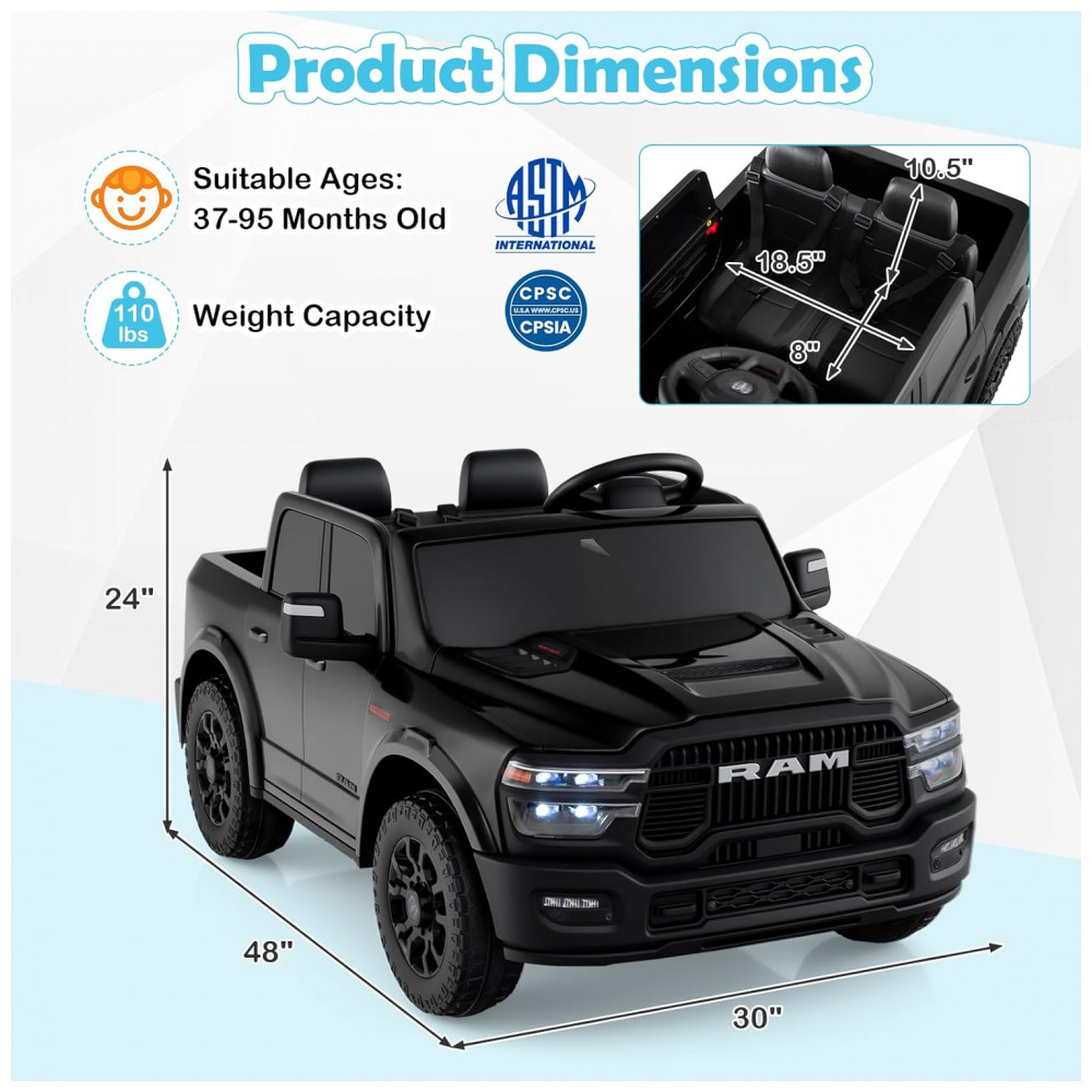 ECTQGQB8NSRF0B_6-1.jpg - Carro Elétrico Infantil 2 Lugares 24V, 2x100W, Controle Remoto, Suspensão 4 Rodas, Costzon Ram 2500 Rebel, Preto