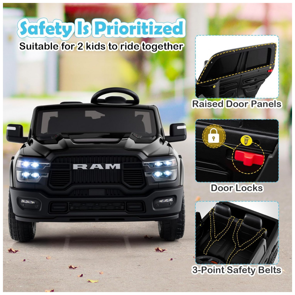 ECTQGQB8NSRF0B_7-1.jpg - Carro Elétrico Infantil 2 Lugares 24V, 2x100W, Controle Remoto, Suspensão 4 Rodas, Costzon Ram 2500 Rebel, Preto