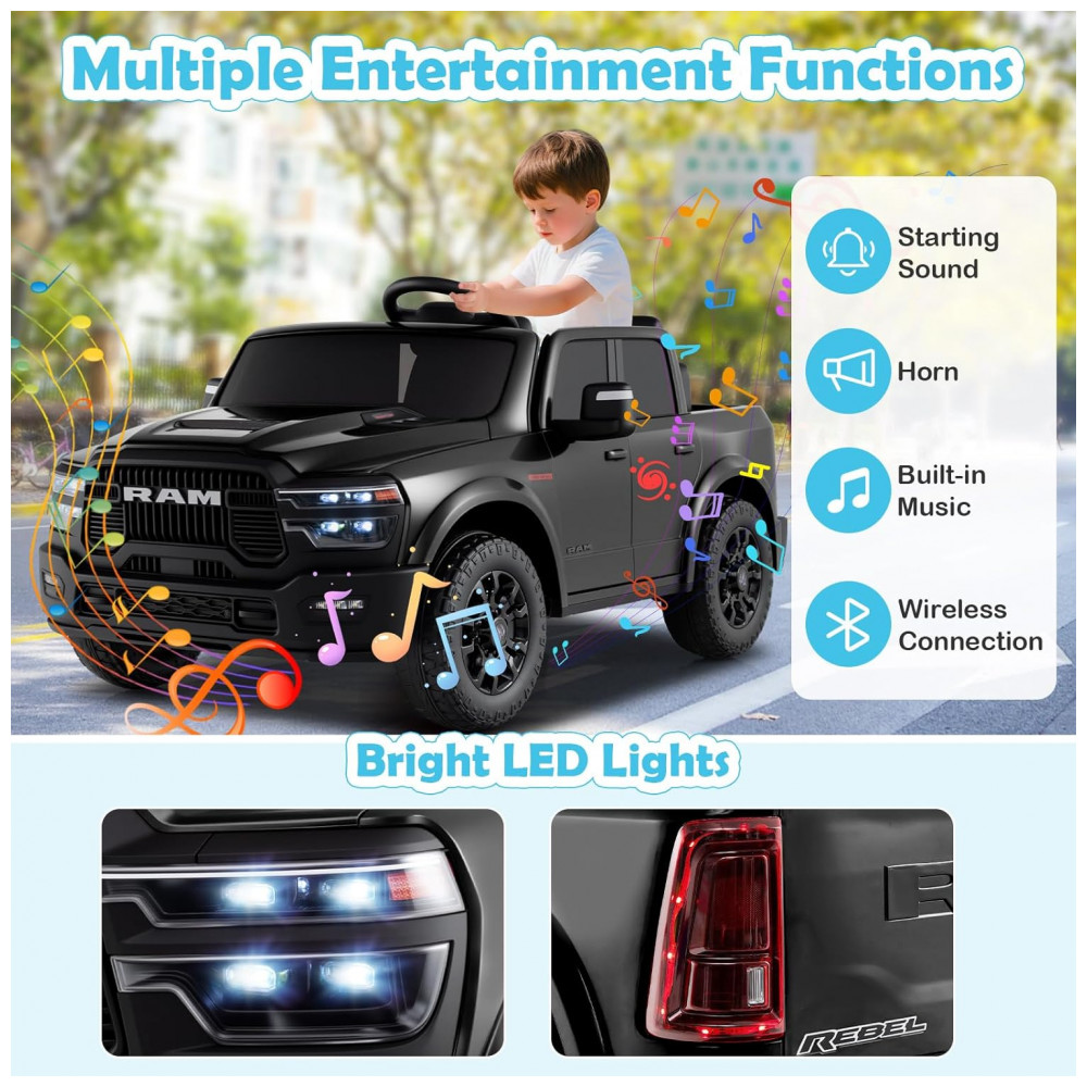 ECTQGQB8NSRF0B_8-1.jpg - Carro Elétrico Infantil 2 Lugares 24V, 2x100W, Controle Remoto, Suspensão 4 Rodas, Costzon Ram 2500 Rebel, Preto