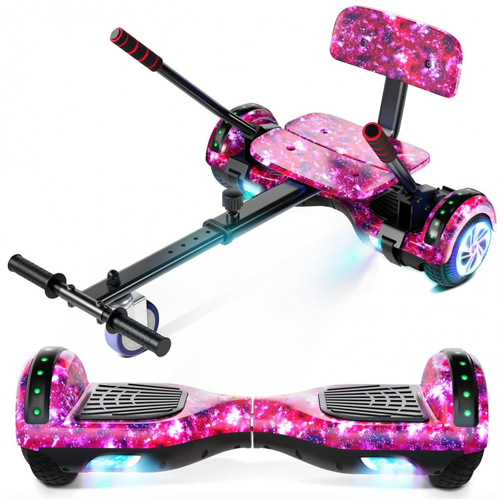 Hoverboard com Assento para Crianças e Adultos, Autoequilíbrio 6,5 e 8,5 polegadas, Bluetooth com Luzes LED Coloridas e Kart Estrelar Roxo