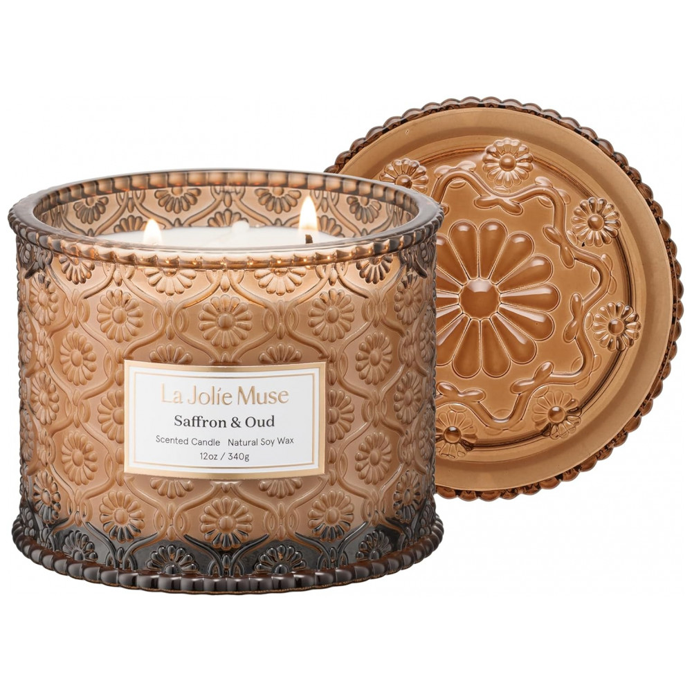 Vela de Cera de Soja LA JOLIE MUSE Saffron Oud 340g, 2 Pavios, 60 Horas de Queima Limpa - Presente Sofisticado para Anfitriões e Decoração de Casa Ele
