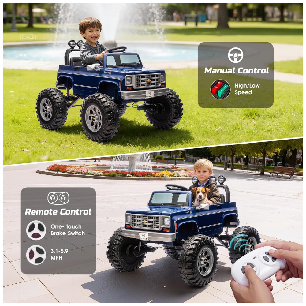 ECTQGW1F15WF0B_3-1.jpg - Carrinho Elétrico Infantil Chevrolet Cheyenne Licenciado 24V, 2 Motores 200W, Controle Remoto, Música, Suspensão, Assento Largo, Azul