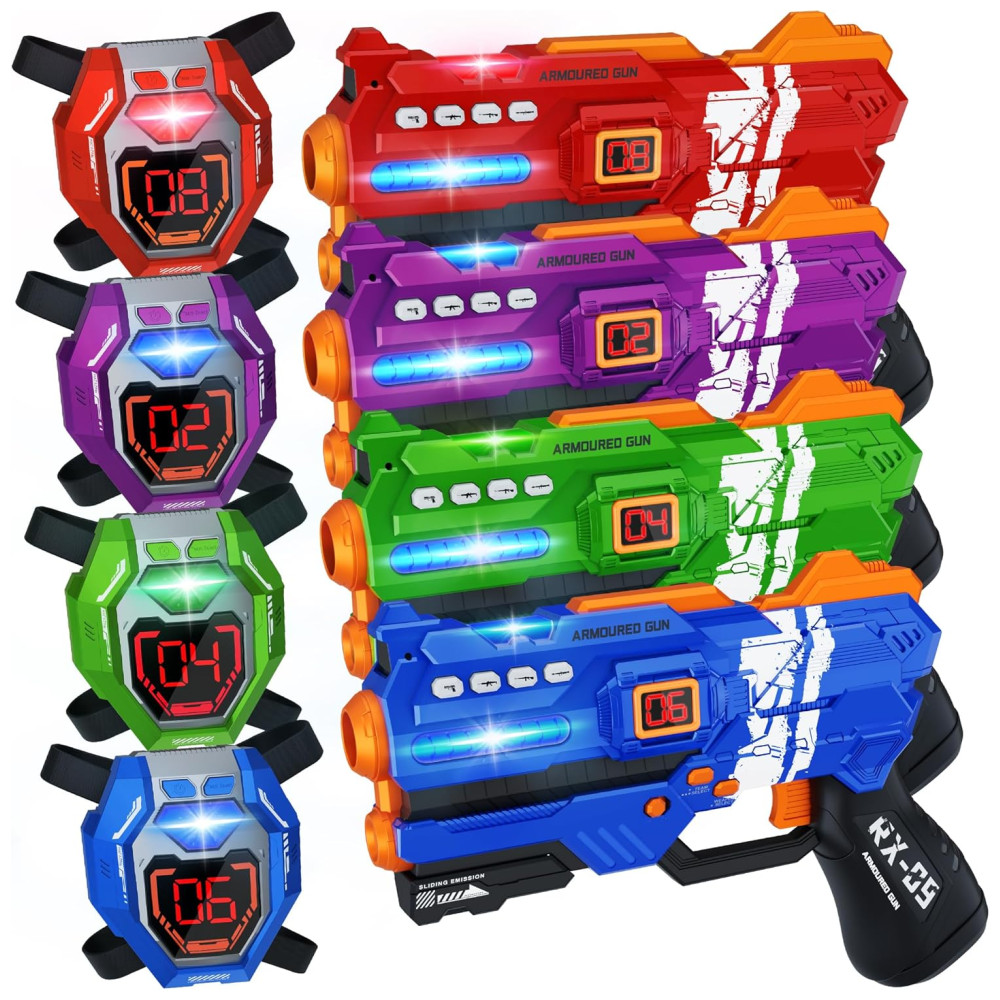 Conjunto de Pistola de Brinquedo com Laser Tag, 4 Pistolas e 4 Coletes de Exibição de Pontuação em LED Digital, IVOXEX, Colorida