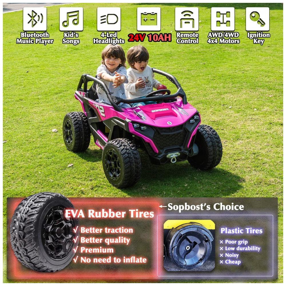 ECTQH3PWQ1BD0B_1-1.jpg - Carrinho Elétrico Infantil 4x4 Sopbost XL 24V 10Ah 2 Lugares 4 Motores 75W Controle Remoto Suspensão Molas Bluetooth Rosa