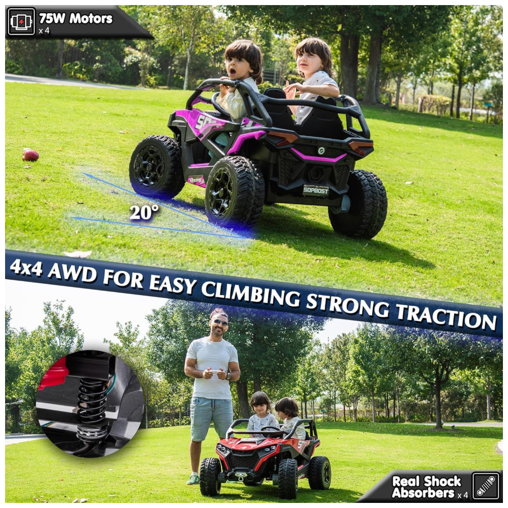 ECTQH3PWQ1BD0B_2-1.jpg - Carrinho Elétrico Infantil 4x4 Sopbost XL 24V 10Ah 2 Lugares 4 Motores 75W Controle Remoto Suspensão Molas Bluetooth Rosa