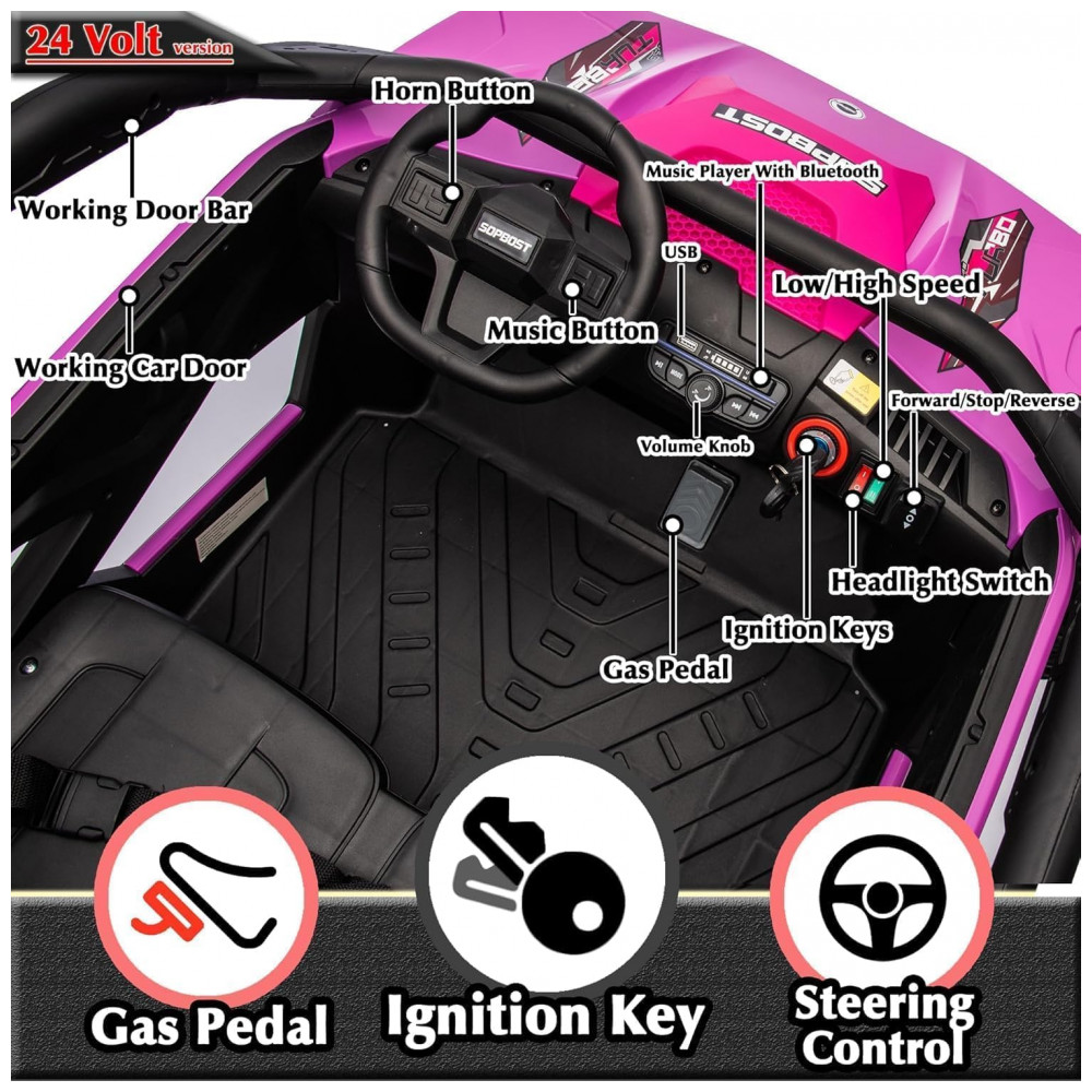 ECTQH3PWQ1BD0B_3-1.jpg - Carrinho Elétrico Infantil 4x4 Sopbost XL 24V 10Ah 2 Lugares 4 Motores 75W Controle Remoto Suspensão Molas Bluetooth Rosa